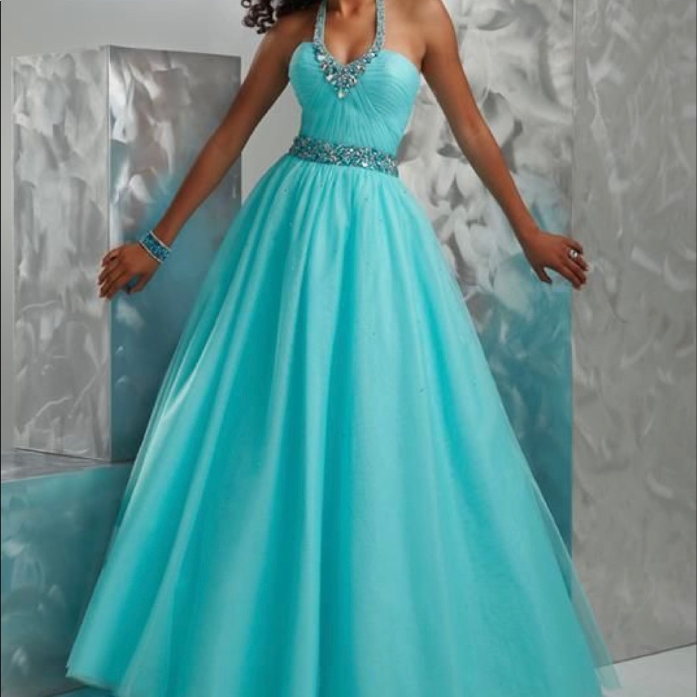 Beautiful aqua blue halter a-line prom dress